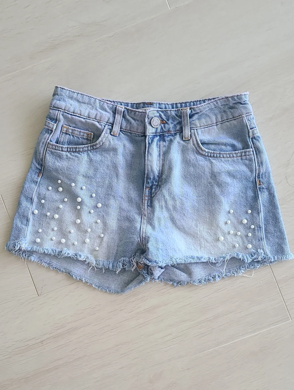 Zara Denim Shorts With Pearl Embellishment